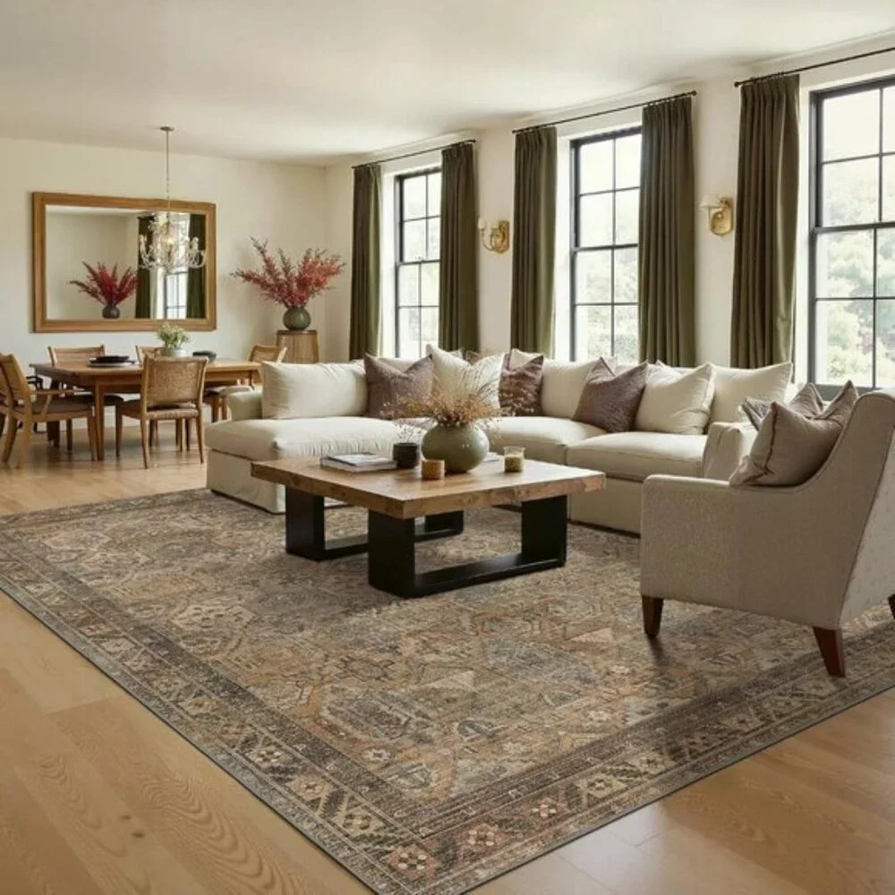 New 5x7 Washable Area Rug, Warm Taupe Vintage Low Pile Non-Slip Carpet for Home